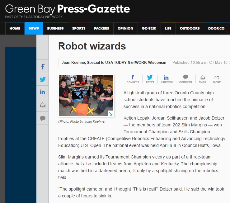 Newspaper story about robotics team from Wisconsin wins national VEX robotics competition